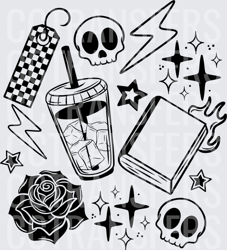 Goth Skulls Rose Iced Coffee Flaming Book Lightning (DTF)