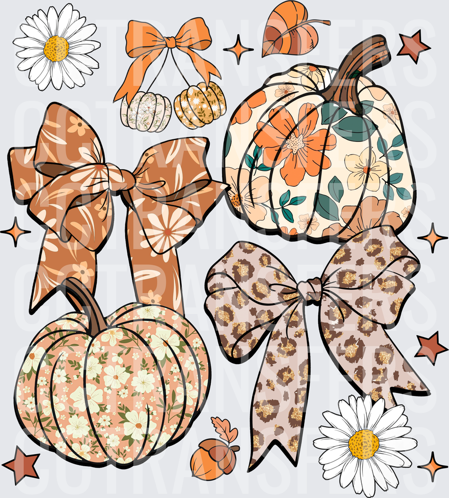 Boho Fall Pumpkins with Floral and Leopard Bows (DTF)