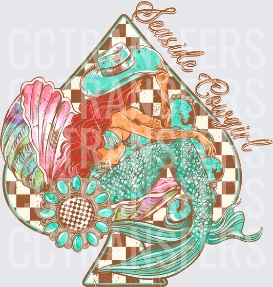 Seaside Cowgirl Mermaid Spade Checkered Turquoise (DTF)