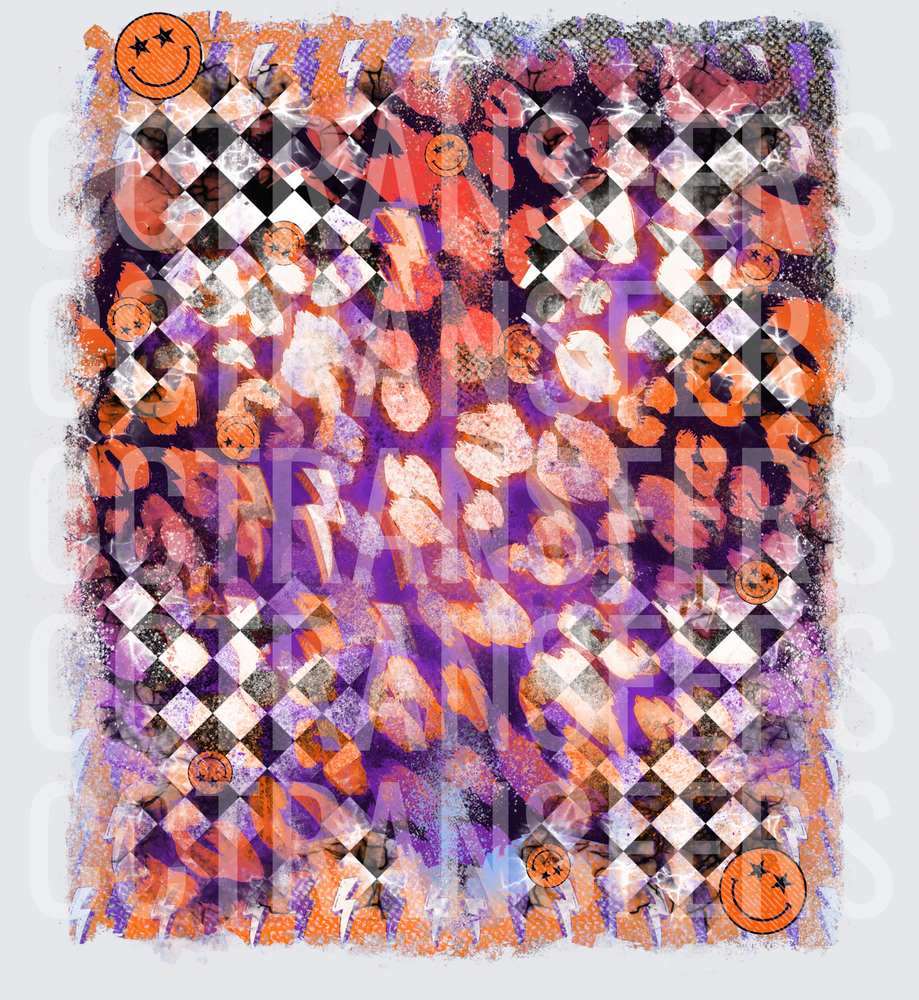 Purple Orange Checker Leopard Smiley Face Lightning Bolt (DTF)