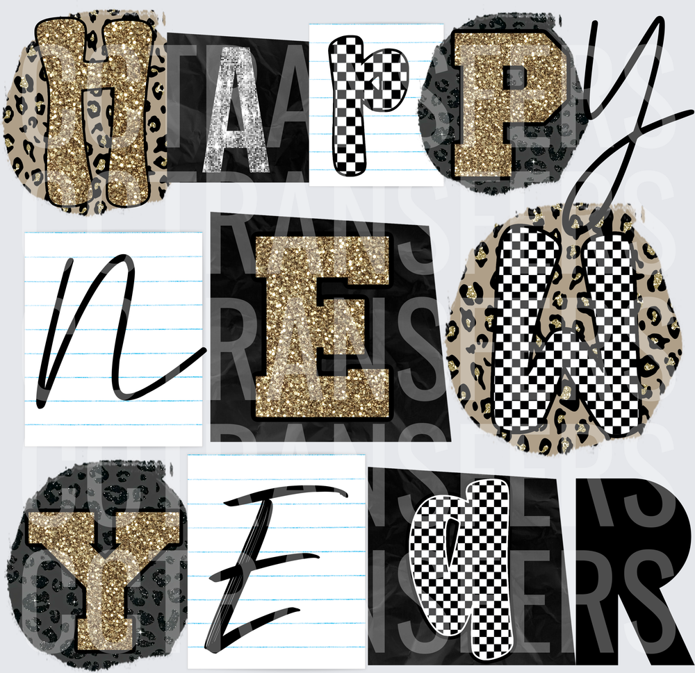 Happy New Year Gold Glitter Leopard Checkered Letters (DTF)