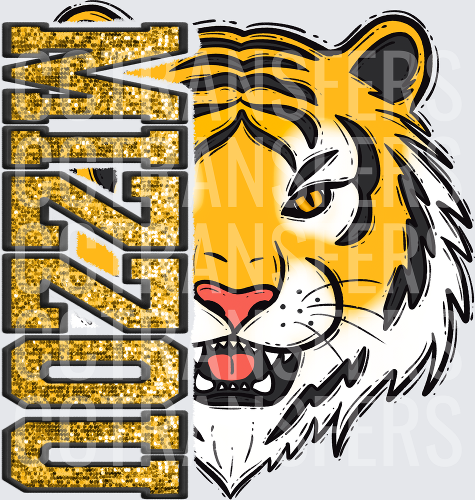 Mizzou Glitter Vertical Text Roaring Tiger Face (DTF)