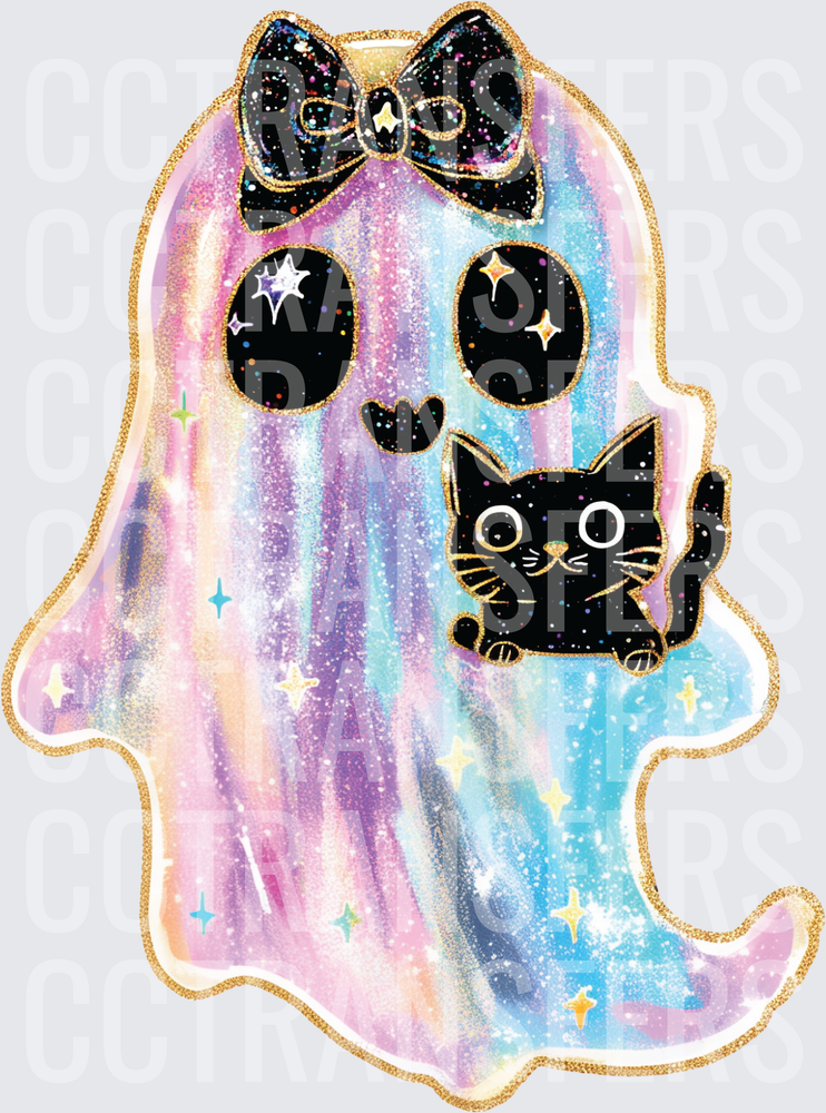 Pastel Galaxy Ghost with Bow and Black Cat (DTF)