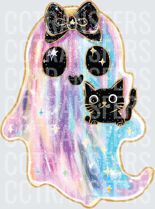 Pastel Galaxy Ghost with Bow and Black Cat (DTF)