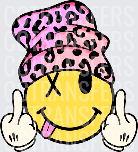 Yellow Smiley Face Pink Leopard Bucket Hat Middle Fingers (DTF)