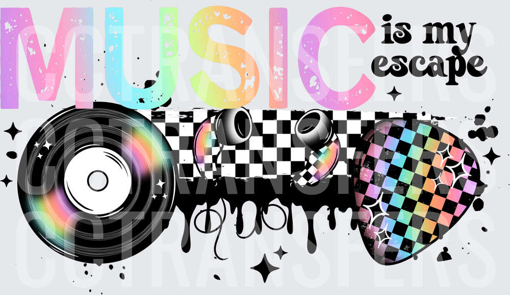 Music Is My Escape Vinyl Record Headphones Checkered (DTF)