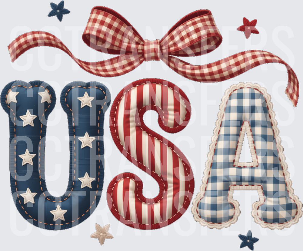 Patriotic Puffed USA Letters with Red Gingham Bow (DTF)