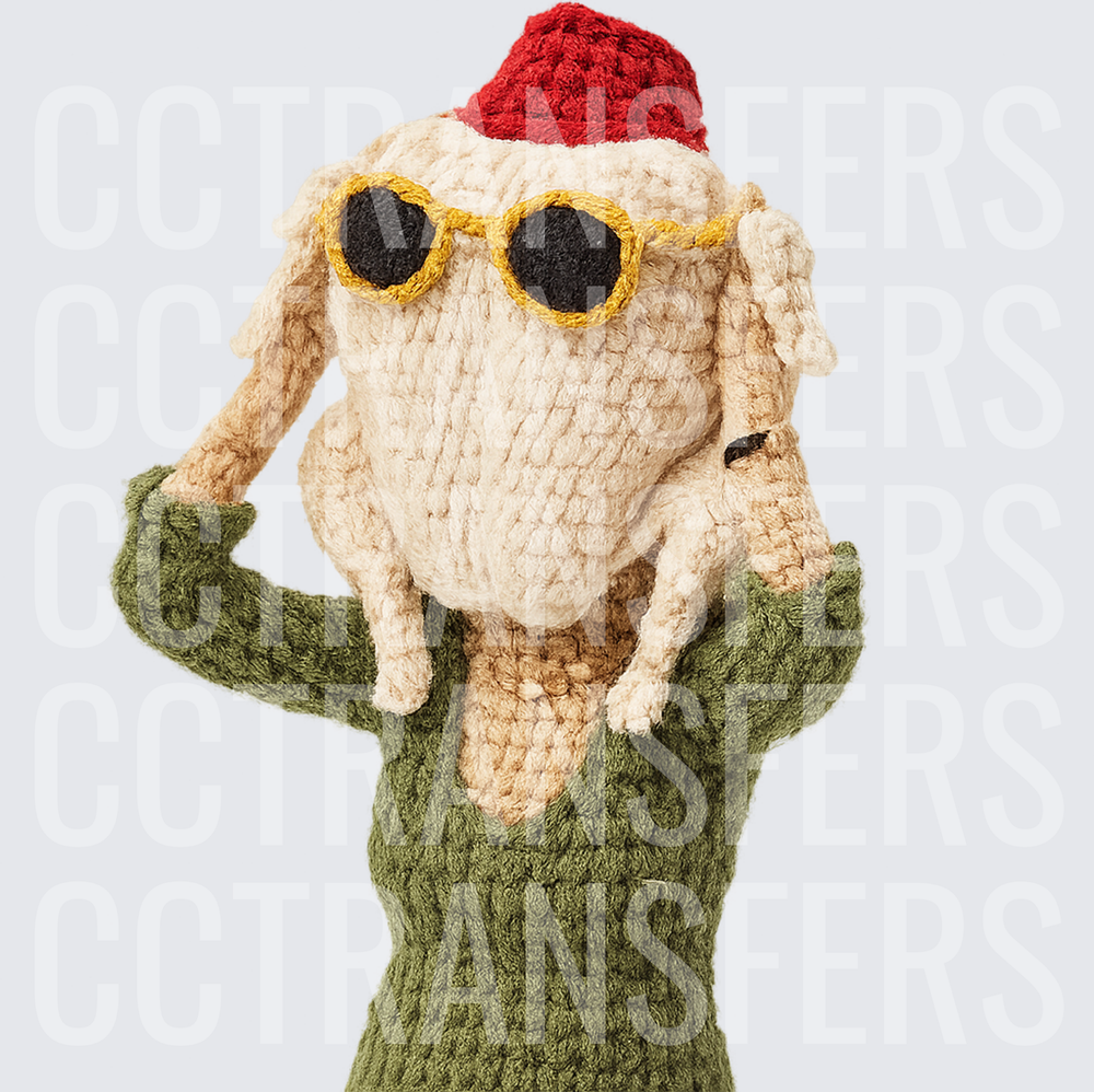 Crochet Turkey Head Wearing Sunglasses Red Hat Green Sweater (DTF)