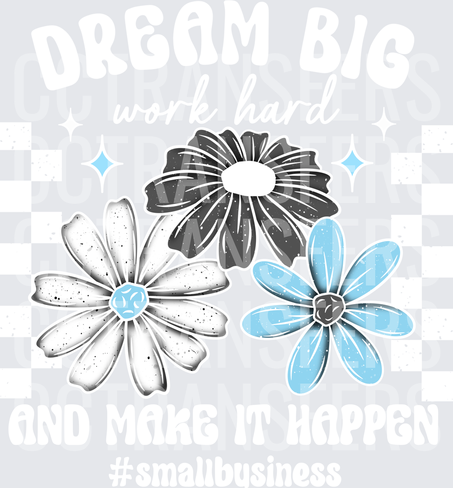 Three Daisy Flowers White Gray Blue Sparkle Cluster (DTF)