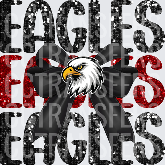 Eagles Black Red Glitter Stacked Bold Black Bow Mascot (DTF)