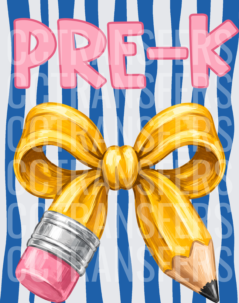 Pre-K Pink Bubble Letters Yellow Bow Pencil Blue Stripe (DTF)