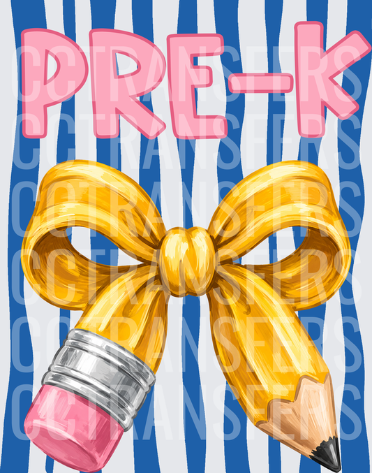 Pre-K Pink Bubble Letters Yellow Bow Pencil Blue Stripe (DTF)
