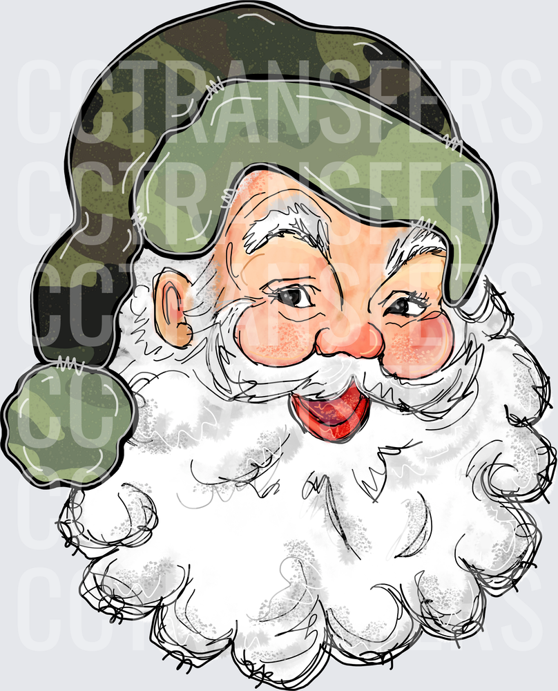 Camo Hat Jolly Santa Claus Winking White Beard (DTF)