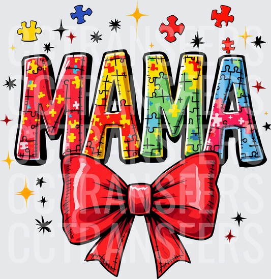 Autism Awareness Mama Puzzle Pieces Red Bow (DTF)