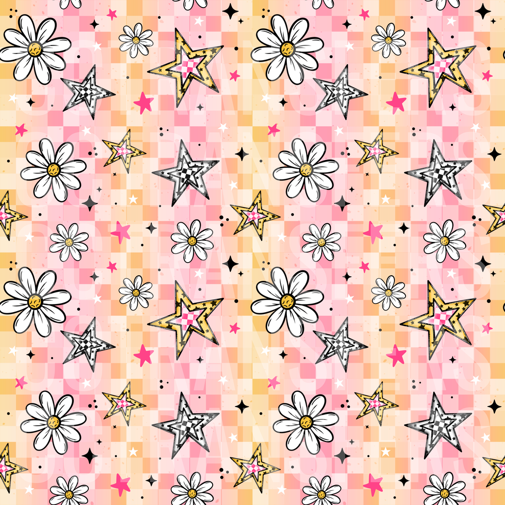 Retro Checkered Daisy Star Sparkle Pattern (DTF)