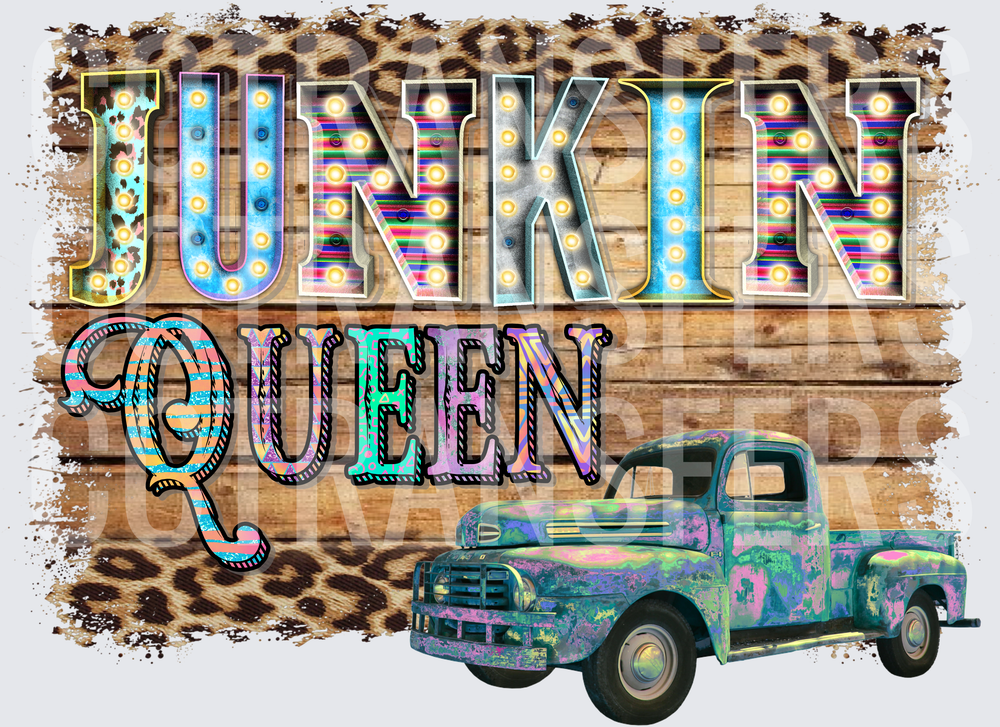 Junkin Queen Marquee Lights Vintage Truck Leopard Wood (DTF)