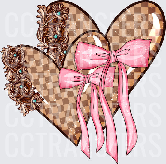 Western Tooled Leather Checkered Hearts Pink Bow (DTF)