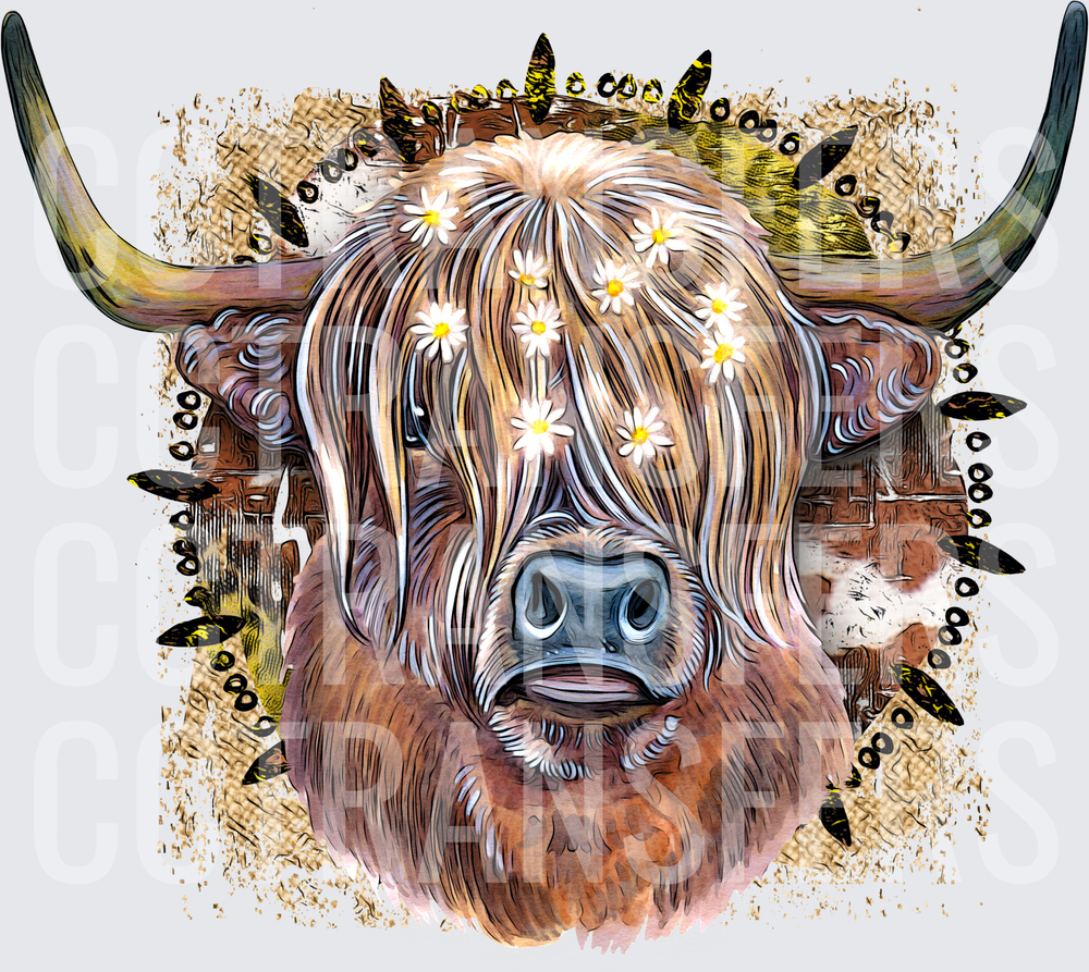 Fluffy Highland Cow With Daisy Crown and Bees (DTF)