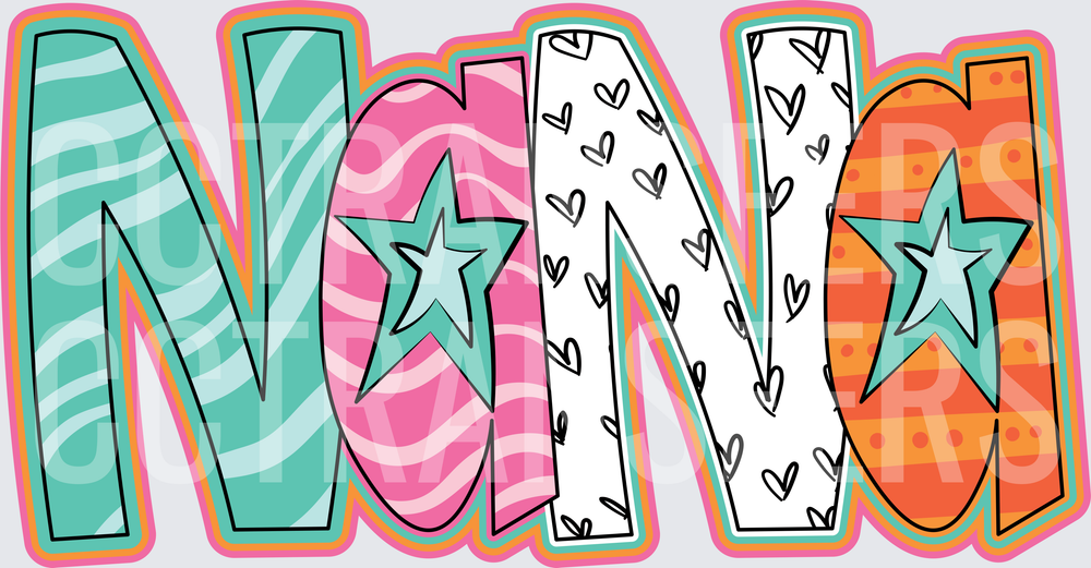Colorful Patterned NANA Letters with Stars and Hearts (DTF)