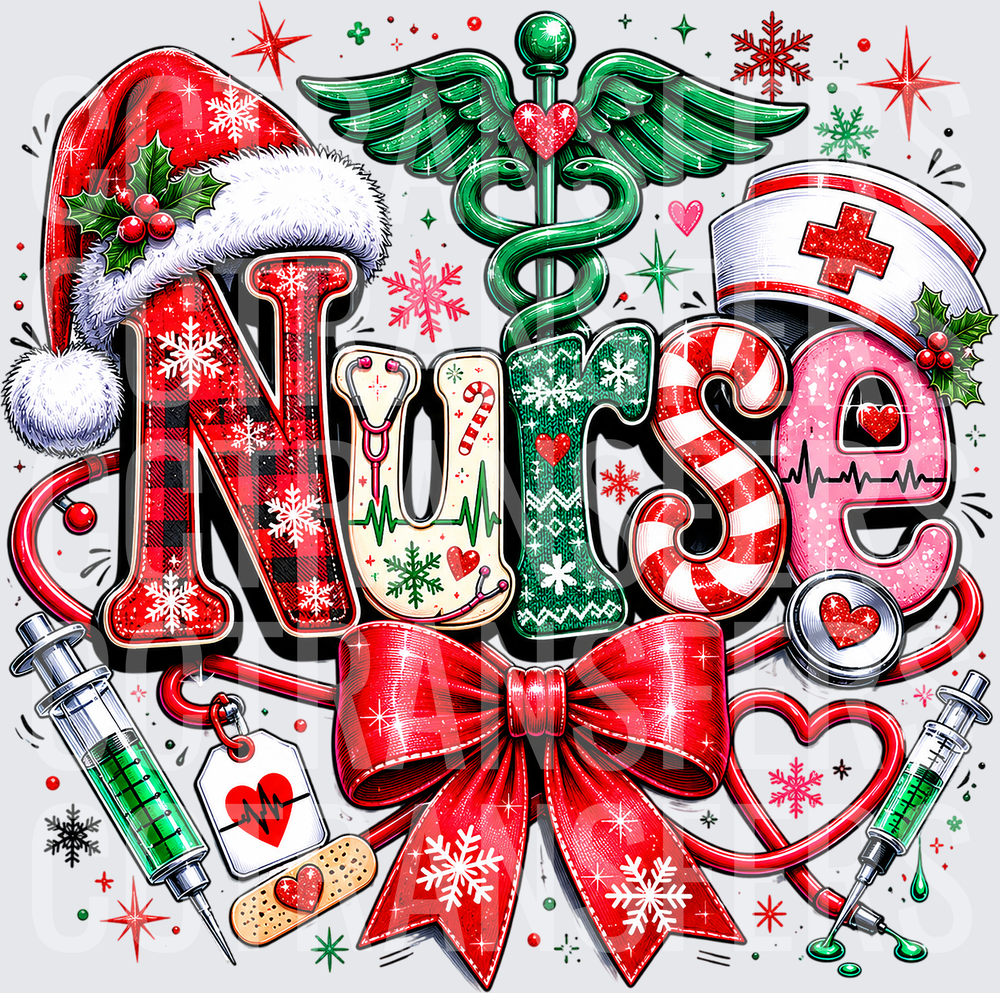 Christmas Nurse Plaid Santa Hat Caduceus Holiday Design (DTF)