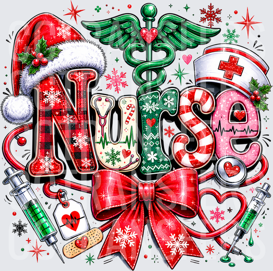 Christmas Nurse Plaid Santa Hat Caduceus Holiday Design (DTF)
