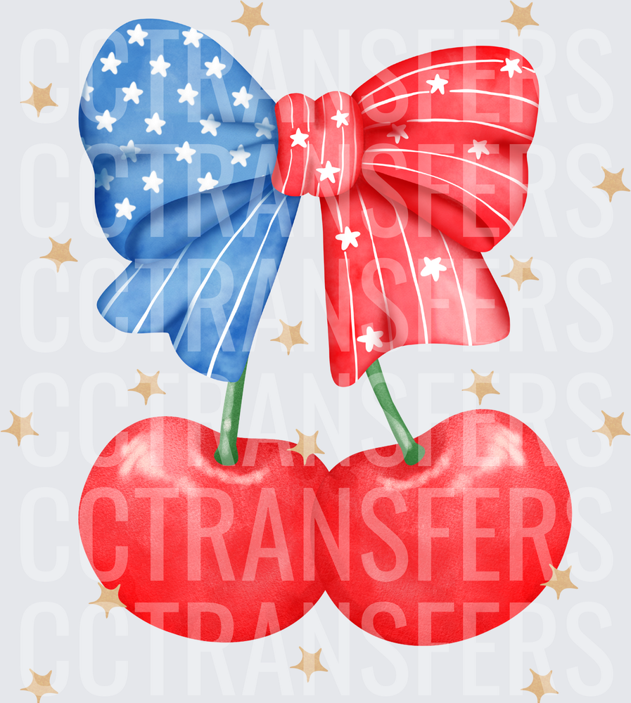Patriotic Red White Blue Bow Cherries Stars (DTF)