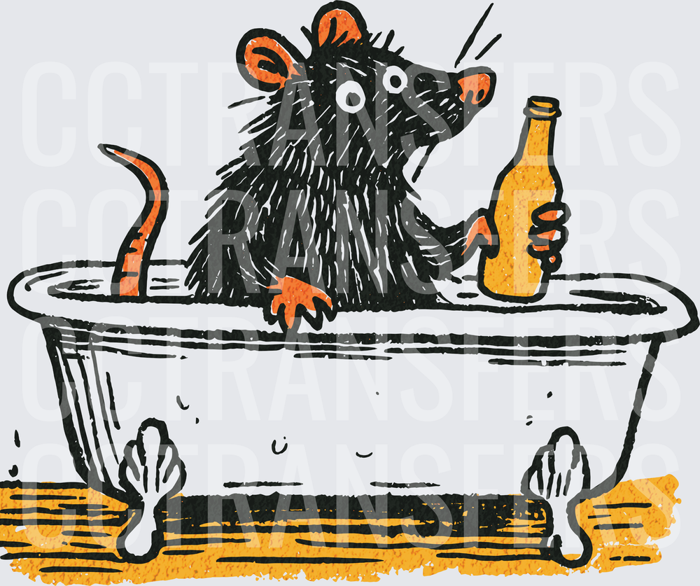 Scrappy Rat Relaxing in Clawfoot Tub Holding Beer Bottle (DTF)
