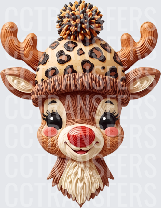 3D Rudolph Red Nose Reindeer Leopard Print Pom Beanie (DTF)