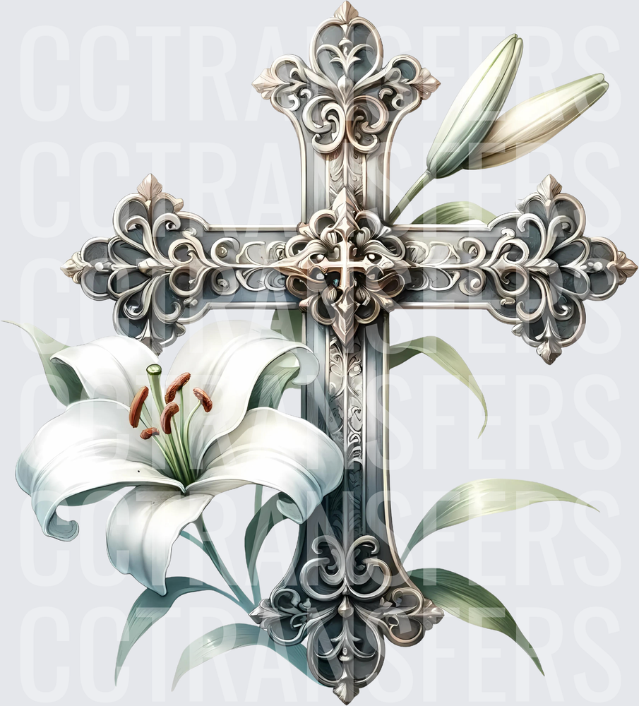 Ornate Silver Cross with White Easter Lily Blooms (DTF)