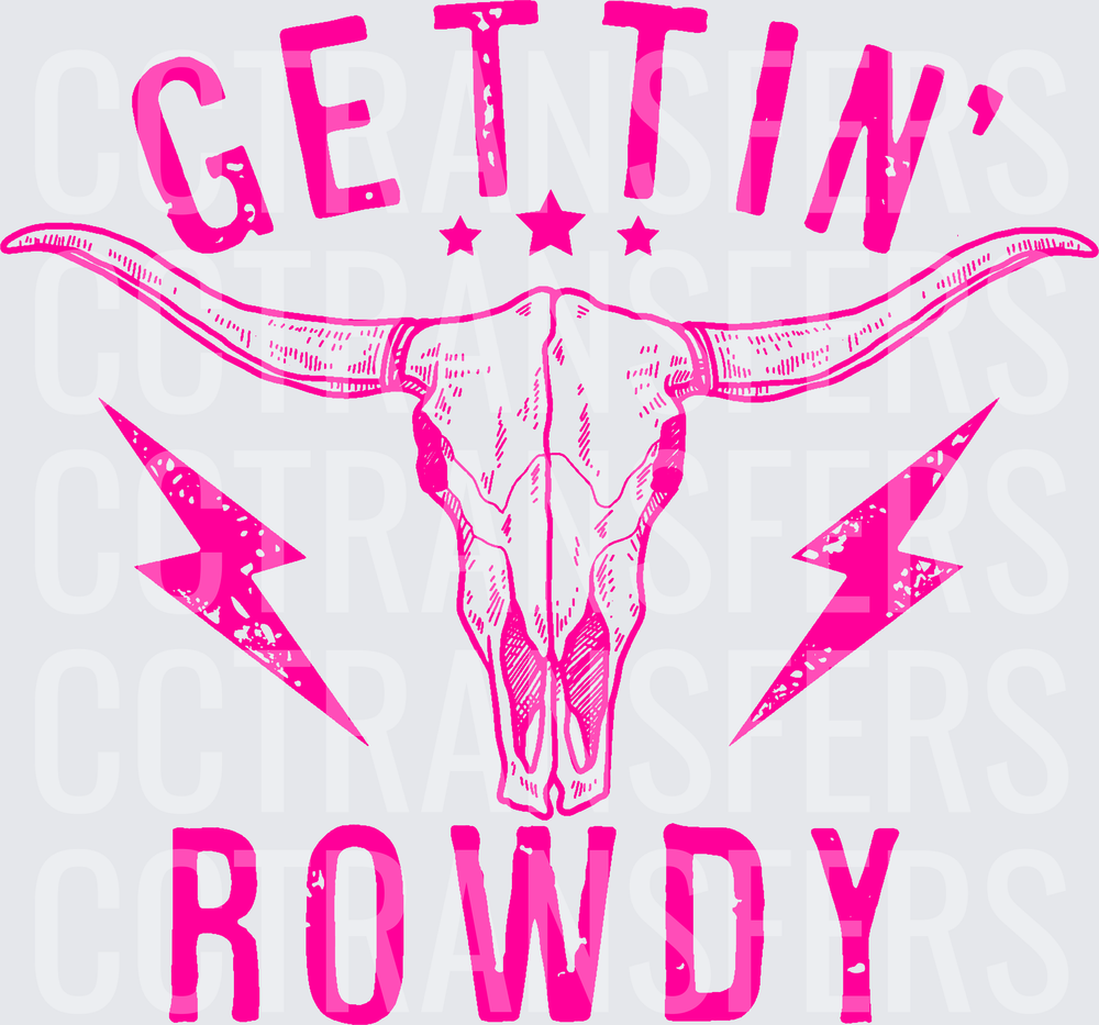 Gettin' Rowdy Longhorn Skull Lightning Bolts Hot Pink (DTF)