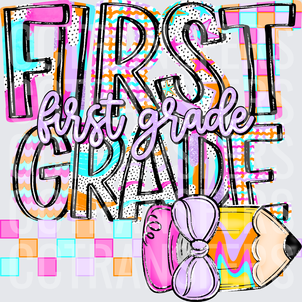 First Grade Colorful Bold Letters Pencil Bow School (DTF)