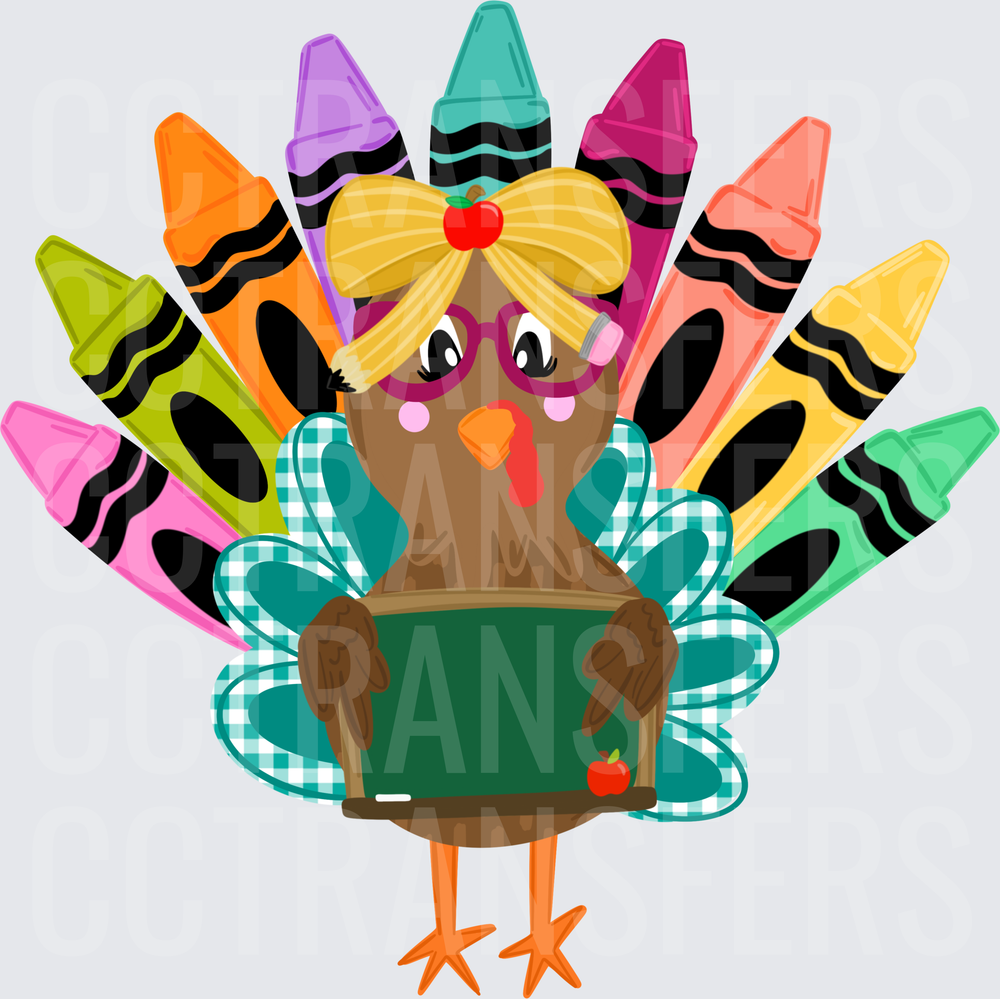 Thanksgiving Teacher Turkey with Crayons and Chalkboard (DTF)