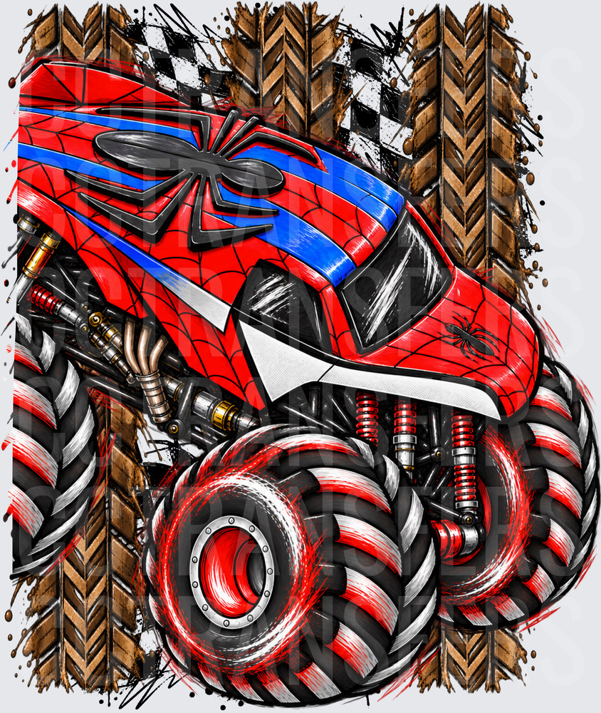 Red Blue Spider Web Monster Truck Racing Checkered Flag (DTF)