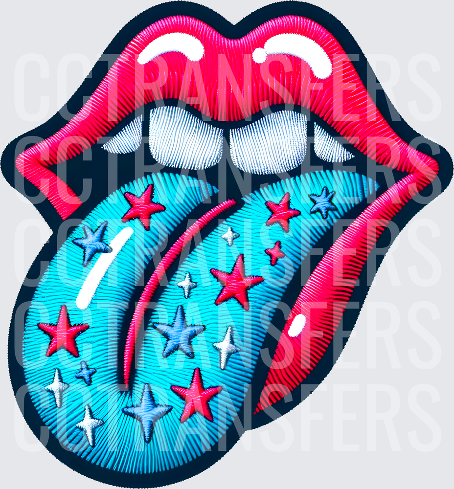 Embroidered Style Lips Tongue Stars Patriotic (DTF)