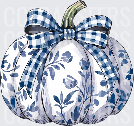 Blue and White Floral Pumpkin with Gingham Bow (DTF)