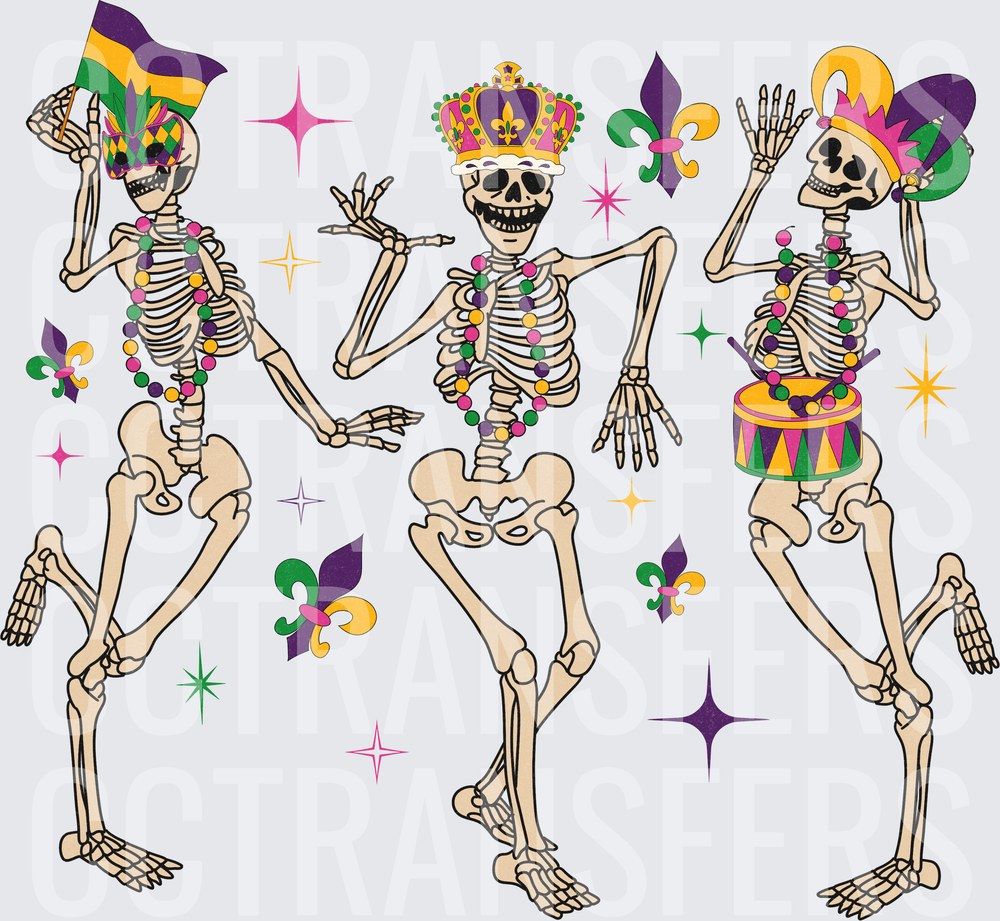 Three Dancing Mardi Gras Skeletons with Beads and Crown (DTF)