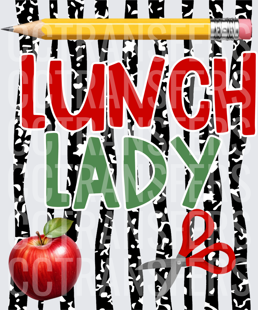 Lunch Lady Bold Text Pencil Apple Scissors School Design (DTF)
