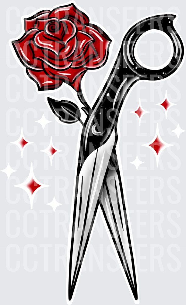 Traditional Tattoo Style Scissors and Red Rose (DTF)