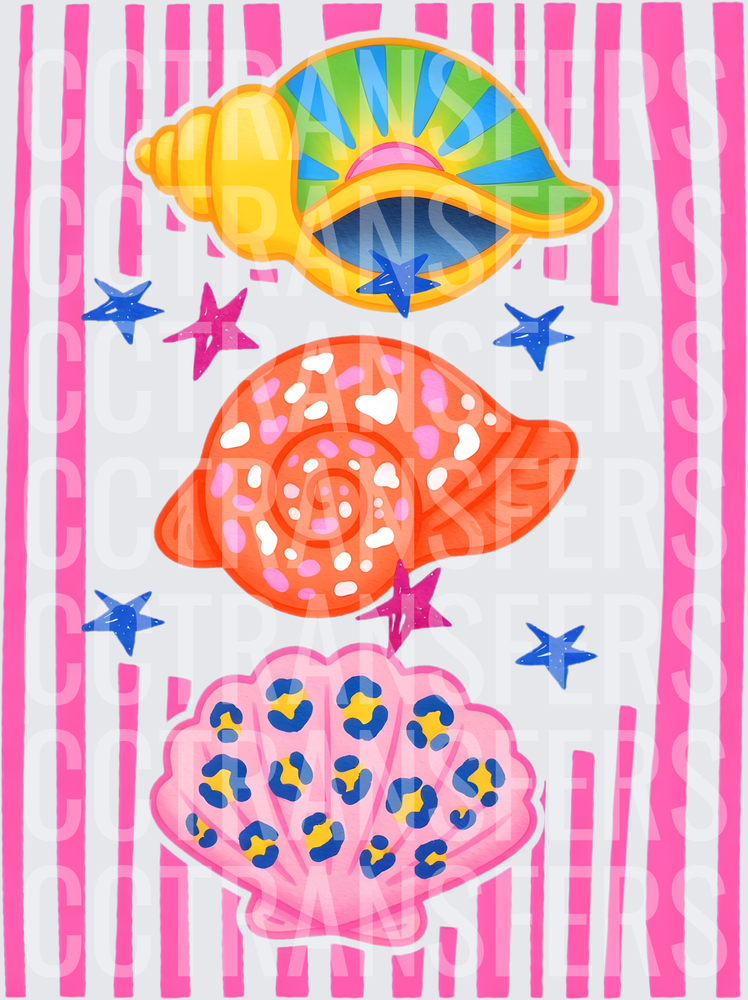 Colorful Seashell Trio with Stars Pink Stripe Background (DTF)
