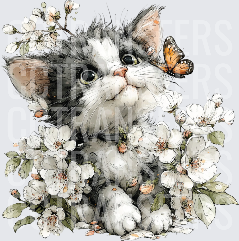 Fluffy Gray Kitten White Blossoms Monarch Butterfly (DTF)