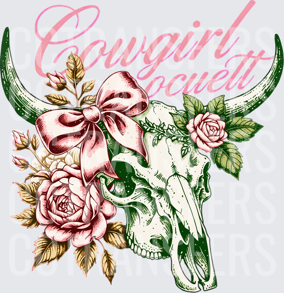 Cowgirl Ocuelt Bull Skull Pink Bow Roses Floral (DTF)