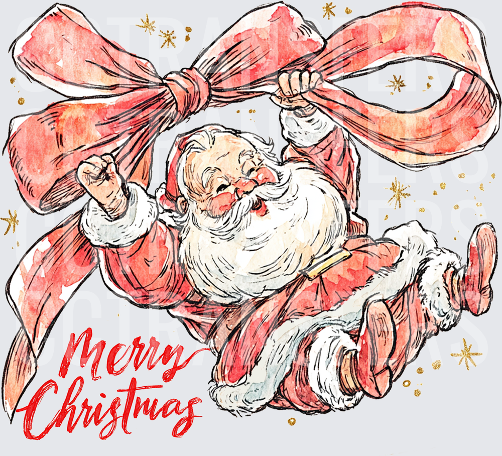 Watercolor Santa Claus Hanging from Giant Bow Merry Christmas (DTF)