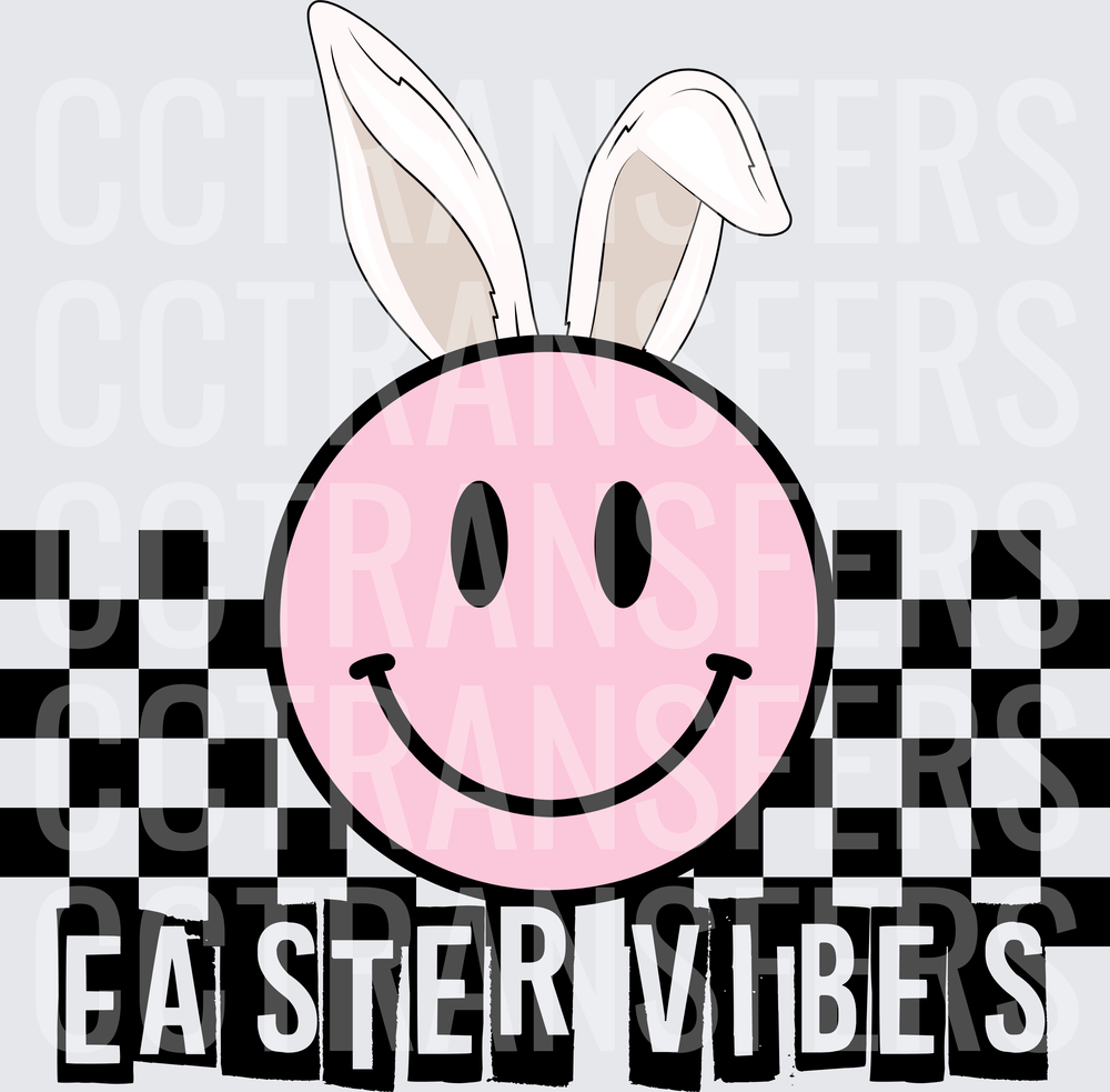 Easter Vibes Pink Smiley Face Bunny Ears Checkered (DTF)