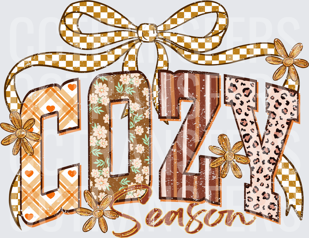 Cozy Season Patchwork Letters Gold Bow Floral Fall (DTF)
