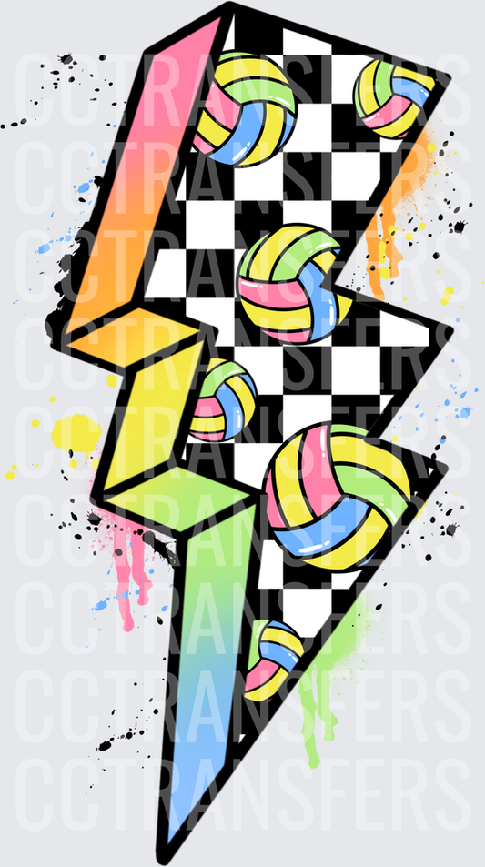 Retro Checkered Lightning Bolt Colorful Volleyballs Splatter (DTF)