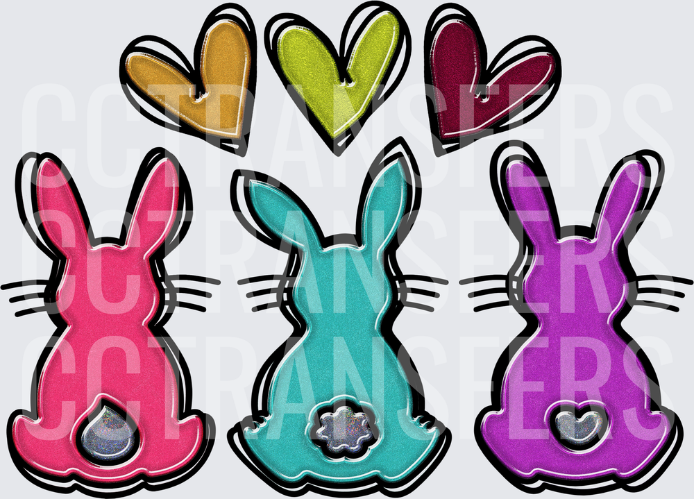Three Colorful Easter Bunnies with Metallic Hearts (DTF)