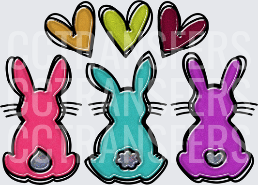 Three Colorful Easter Bunnies with Metallic Hearts (DTF)