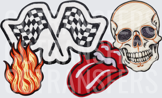 Checkered Flags Skull Flames Rock Tongue Patch Set (DTF)