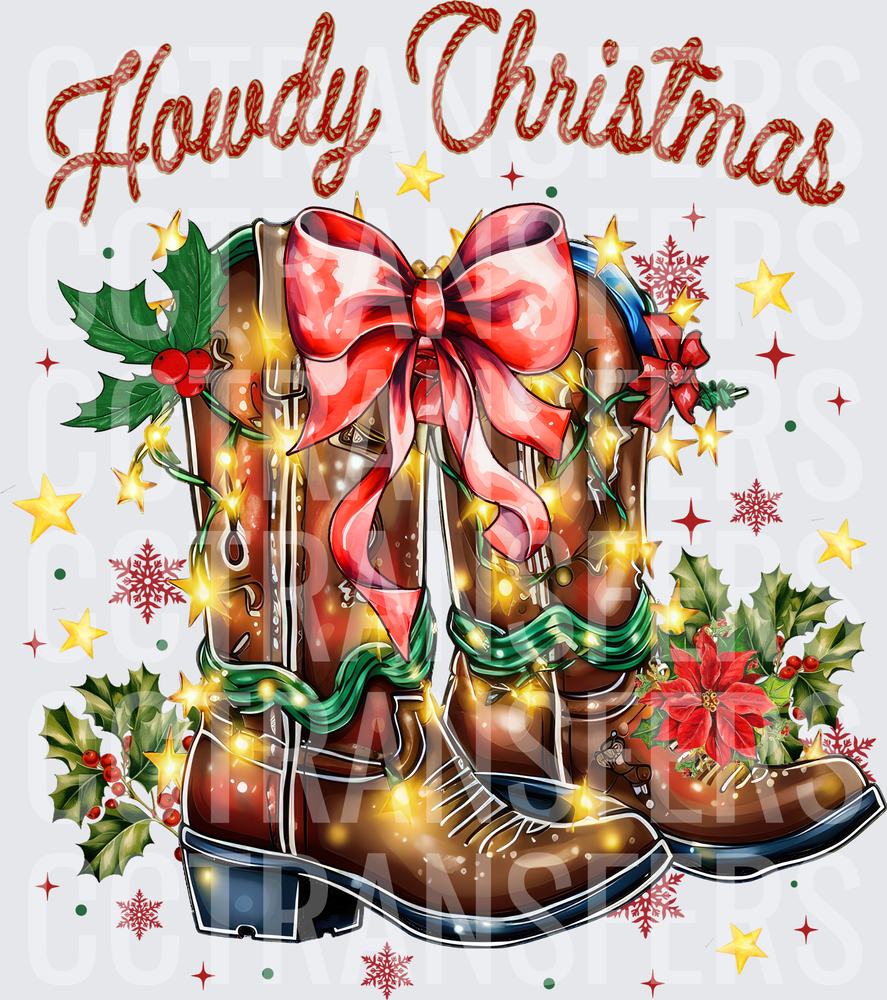 Howdy Christmas Western Cowboy Boots Holly Lights Bow (DTF)