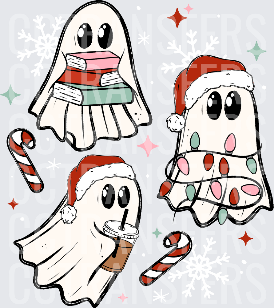 Cute Christmas Ghosts with Books Coffee and Lights (DTF)